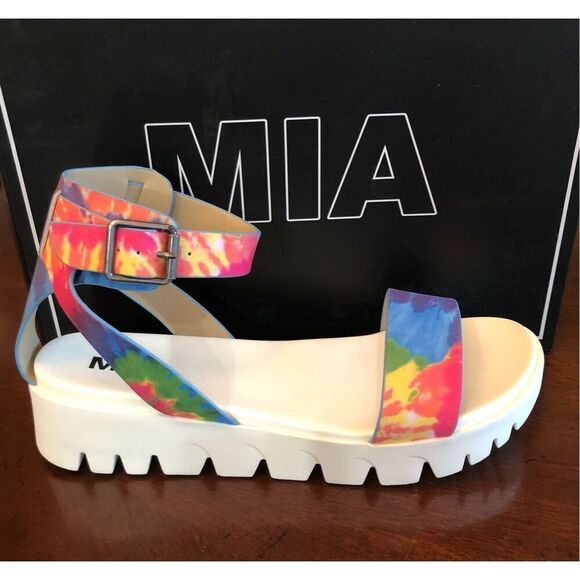 MIA - NWT - L Sz 8 "Madi" Tie-Dye Platform Sandal in Rainbow Colors & White Sole - Picture 1 of 13